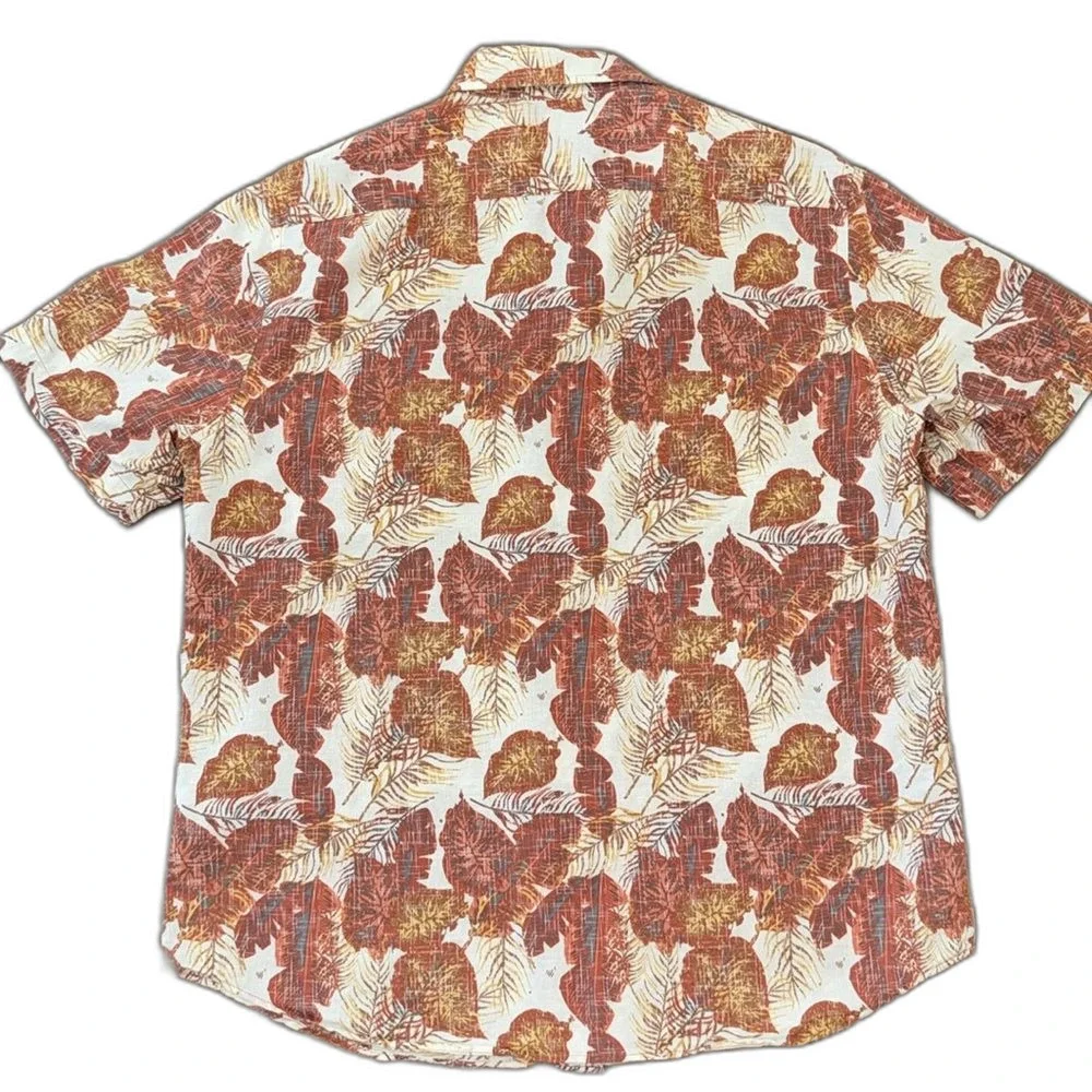 Banana Republic Linen Camp Shirt Slim Fit Tropical Floral Rust Cream Summer L